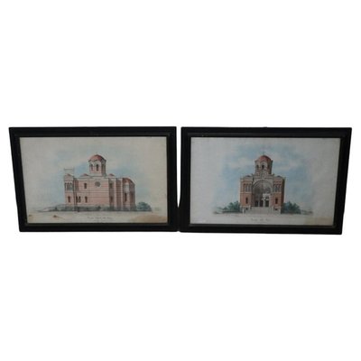 Architectural Drawings, Italian Church, 1920s, Paper, Set of 2, Framed-DCO-1193465