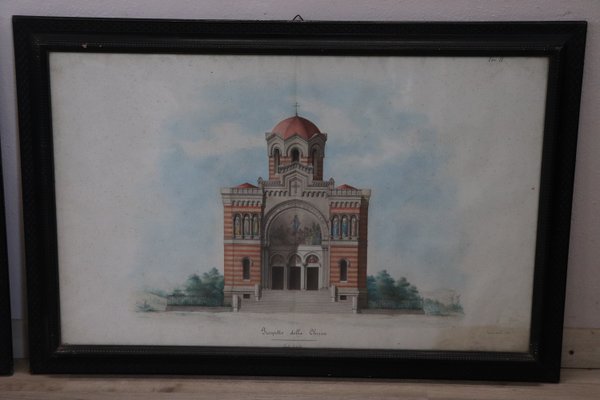 Architectural Drawings, Italian Church, 1920s, Paper, Set of 2, Framed-DCO-1193465