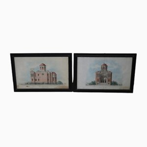 Architectural Drawings, Italian Church, 1920s, Paper, Set of 2, Framed-DCO-1193465