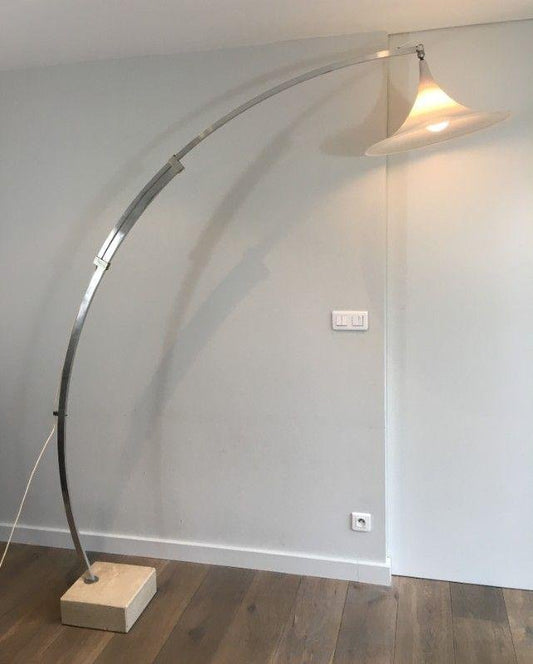 Arco Style Parquet Floor Lamp in Brushed Aluminum, White Plastic & Marble