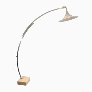 Arco Style Parquet Floor Lamp in Brushed Aluminum, White Plastic & Marble-BA-1365578