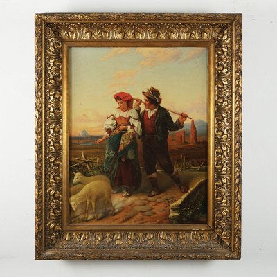 Aristide Dies, L'Idillio nella campagna romana, 19th Century, Oil on Canvas, Framed-WIM-1089946