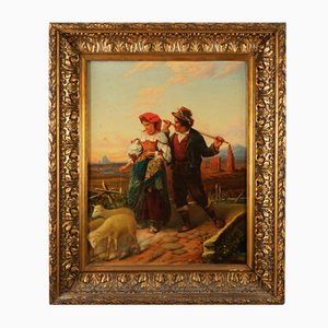 Aristide Dies, L'Idillio nella campagna romana, 19th Century, Oil on Canvas, Framed-WIM-1089946