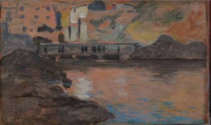 Armand Schönberger, View of the Lake Santa Rosalia, Ragusa, Sicily, 1920s, Oil on Board-QOR-2022456