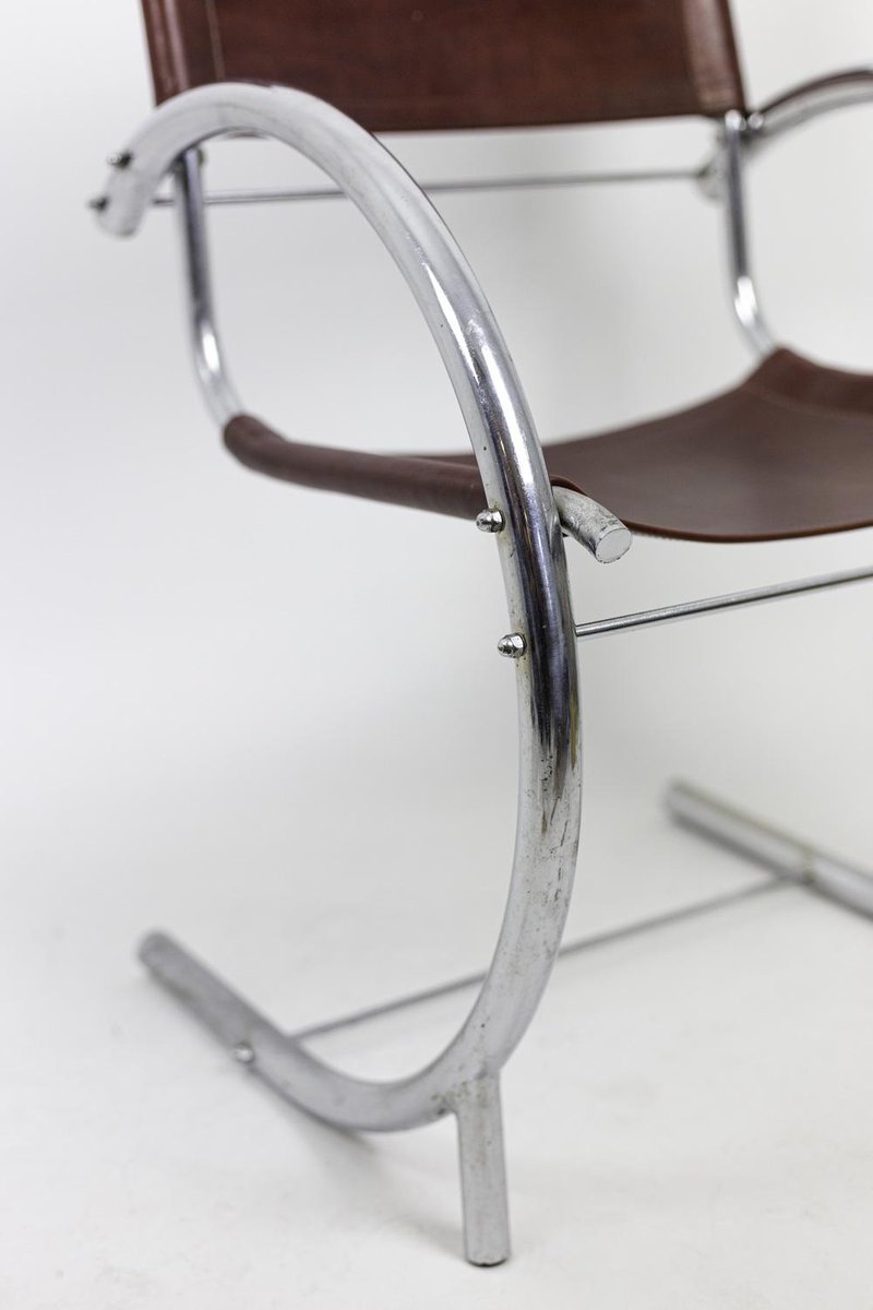 Armchair in Chromed Metal and Red Leather, 1930s