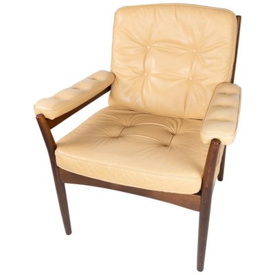 Armchair in Dark Wood & Upholstered in Light Leather, 1960s-UY-852191