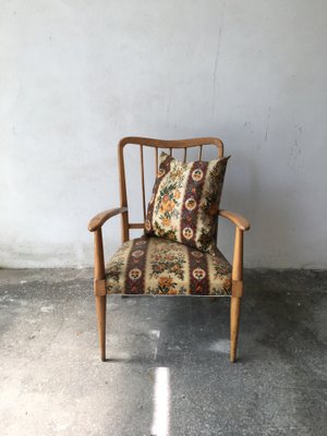 Armchair with Cushion, Blond Wood Frame and Floral Plastic Fabric in the Style of Ico Parisi, 1950s-GGK-1020136