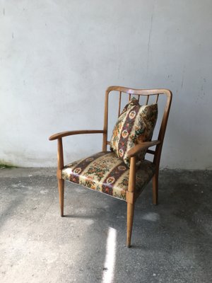 Armchair with Cushion, Blond Wood Frame and Floral Plastic Fabric in the Style of Ico Parisi, 1950s-GGK-1020136