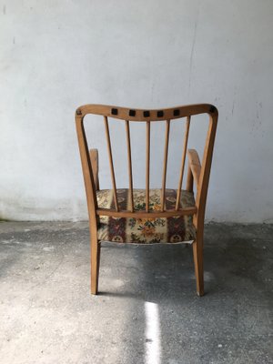 Armchair with Cushion, Blond Wood Frame and Floral Plastic Fabric in the Style of Ico Parisi, 1950s-GGK-1020136