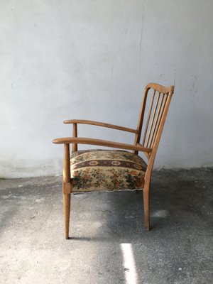 Armchair with Cushion, Blond Wood Frame and Floral Plastic Fabric in the Style of Ico Parisi, 1950s-GGK-1020136