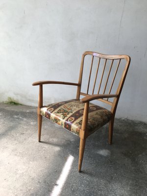 Armchair with Cushion, Blond Wood Frame and Floral Plastic Fabric in the Style of Ico Parisi, 1950s-GGK-1020136