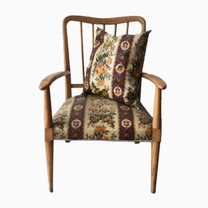 Armchair with Cushion, Blond Wood Frame and Floral Plastic Fabric in the Style of Ico Parisi, 1950s-GGK-1020136