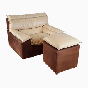 Armchair with Pouf in Leather and Suede, Italy, 1970s, Set of 2-ZUW-1577593