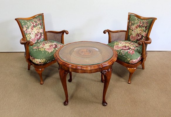 Armchairs and Chippendale Table in Solid Beech, 1950s, Set of 3-RVK-1047660