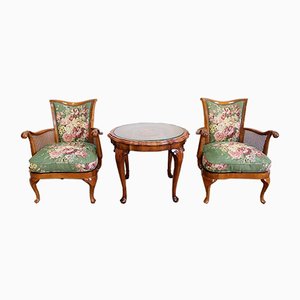 Armchairs and Chippendale Table in Solid Beech, 1950s, Set of 3-RVK-1047660