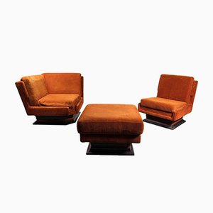 Armchairs and Velvet Poufs, 1970s, Set of 3-ZLY-1063629