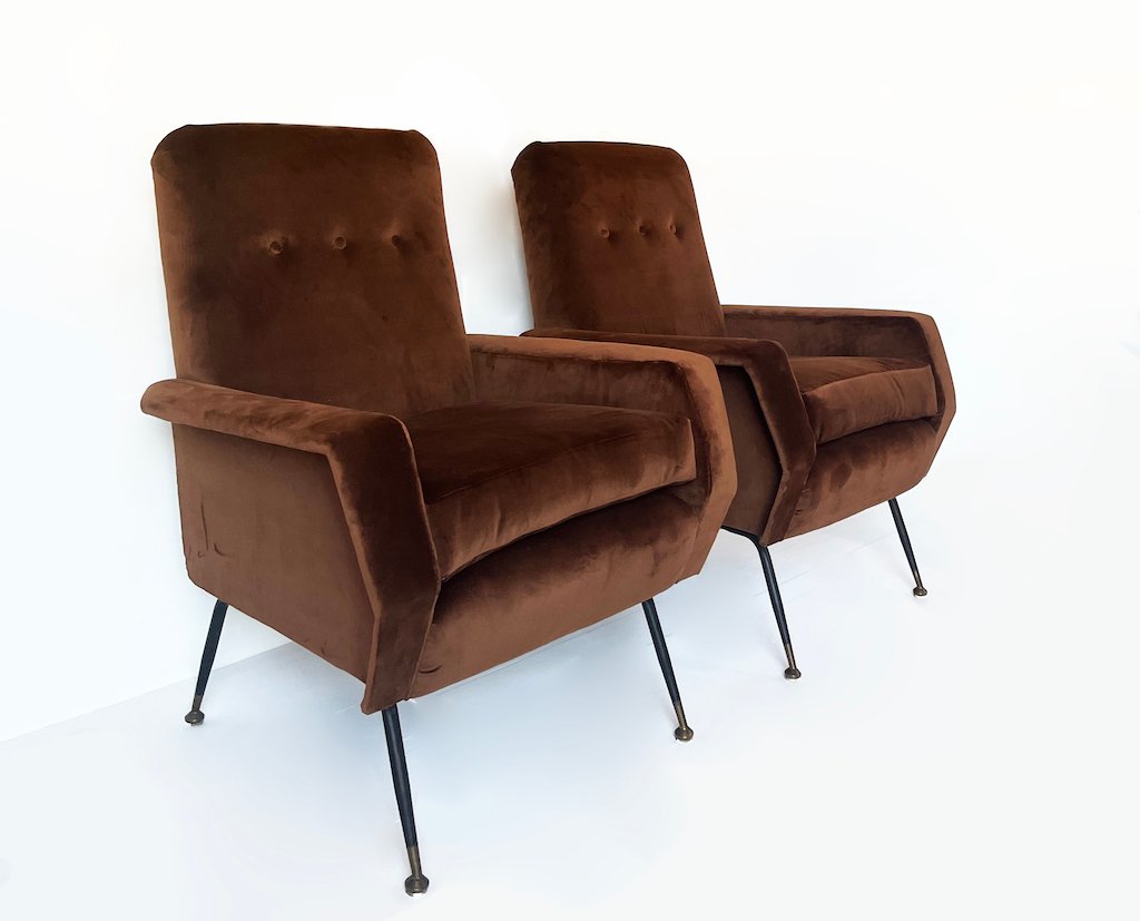 Armchairs in Brown Velvet attributed to Marco Zanuso, 1950s, Set of 2