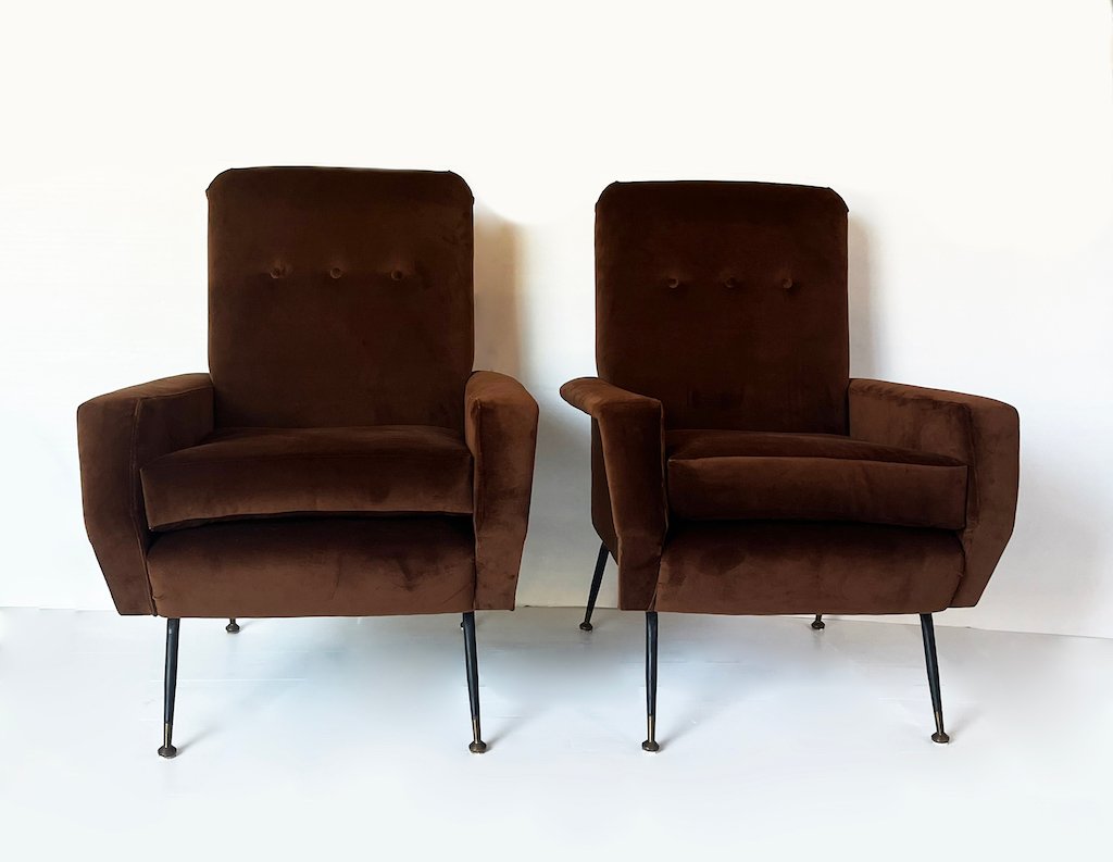 Armchairs in Brown Velvet attributed to Marco Zanuso, 1950s, Set of 2