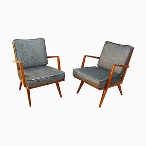 Armchairs in Cherrywood & Blue or Silver Fabric from Knoll, Germany, 1950s, Set of 2-NNB-1071403