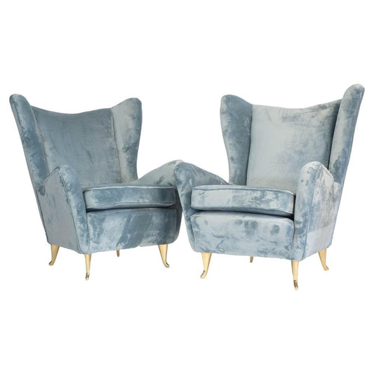 Armchairs in Light Blue Velvet and Original Feet attributed to Isa Bergamo for Gio Ponti, 1950s, Set of 2