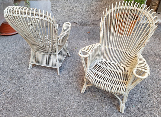 Armchairs in Malacca and Bamboo Laquered White, 1960s, Set of 2