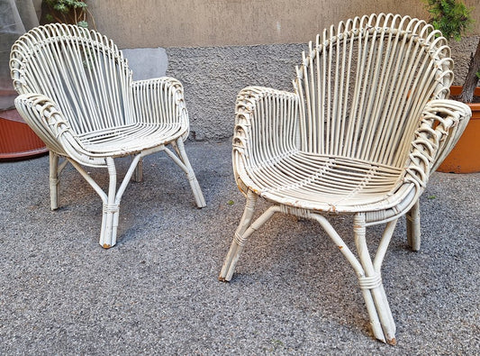 Armchairs in Malacca and White Laquered Bamboo, 1960s, Set of 2