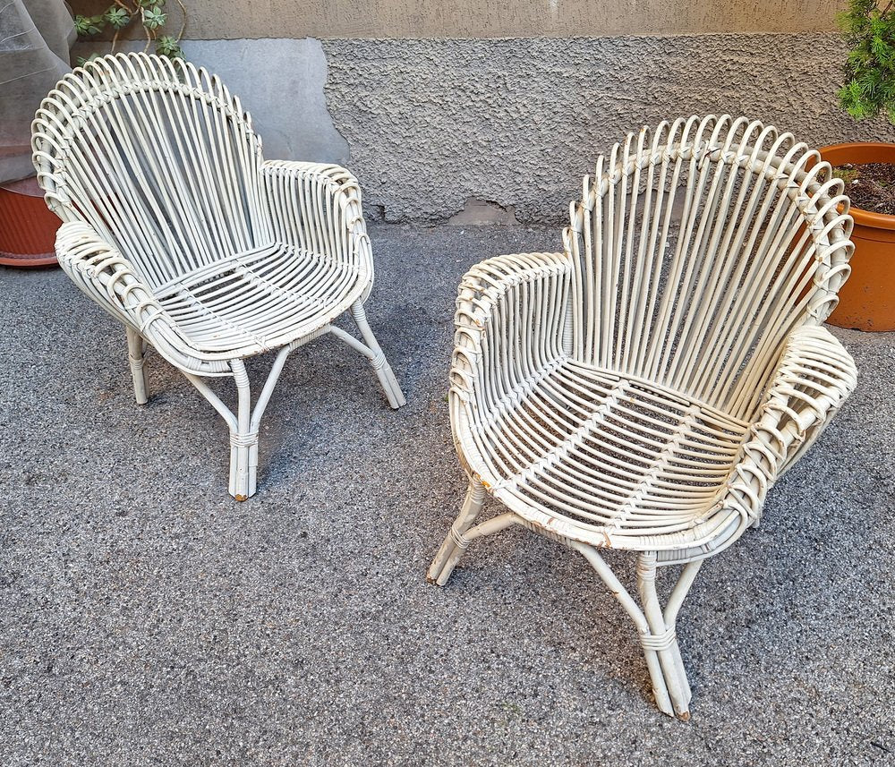 Armchairs in Malacca and White Laquered Bamboo, 1960s, Set of 2