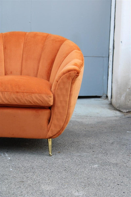 Armchairs in Orange Velvet and Brass Feet in the style of Gio Ponti from Isa Bergamo, Italy 1950s, Set of 2