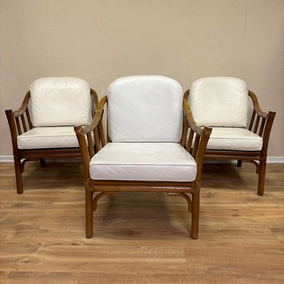 Armchairs in Rattan & White Leather by Hans Kaufeld for Mc Guire, Set of 3-ALF-2033594