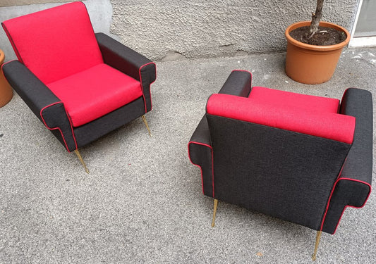 Armchairs in Red and Black with Brass Legs, 1950s, Set of 2