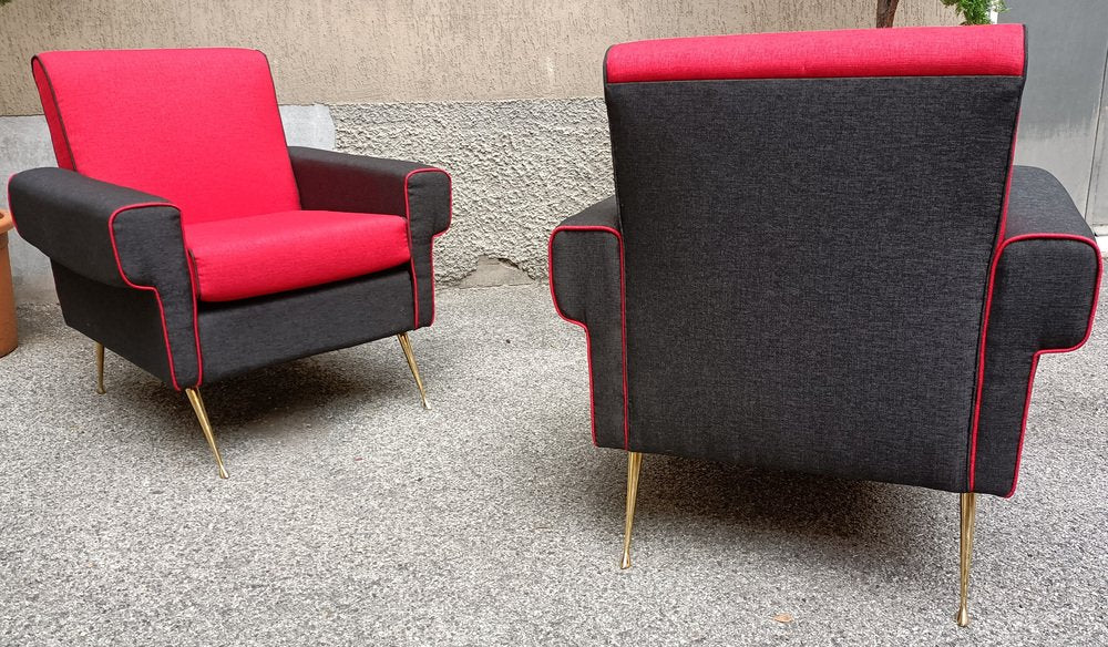 Armchairs in Red and Black with Brass Legs, 1950s, Set of 2