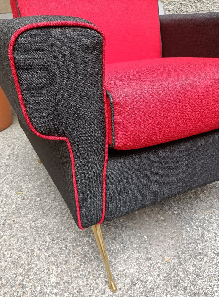 Armchairs in Red and Black with Brass Legs, 1950s, Set of 2