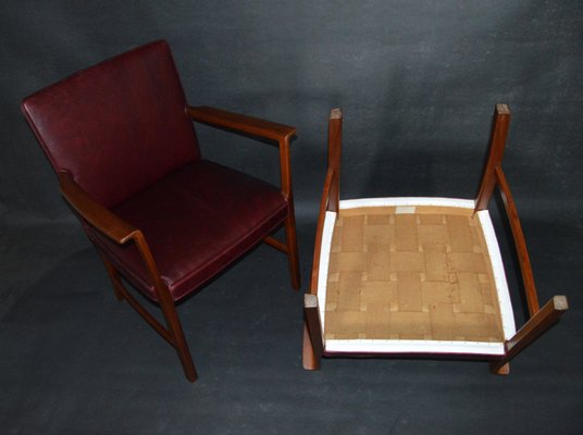 Armchairs of Burgundy Red Leather Teak by Ole Wanscher for A.J. Iversen, 1950s, Set of 2-ZKR-2023757