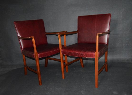 Armchairs of Burgundy Red Leather Teak by Ole Wanscher for A.J. Iversen, 1950s, Set of 2-ZKR-2023757