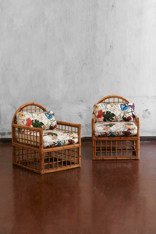 Armchairs with Arched Backrest and Woven Bamboo, 1970s, Set of 2