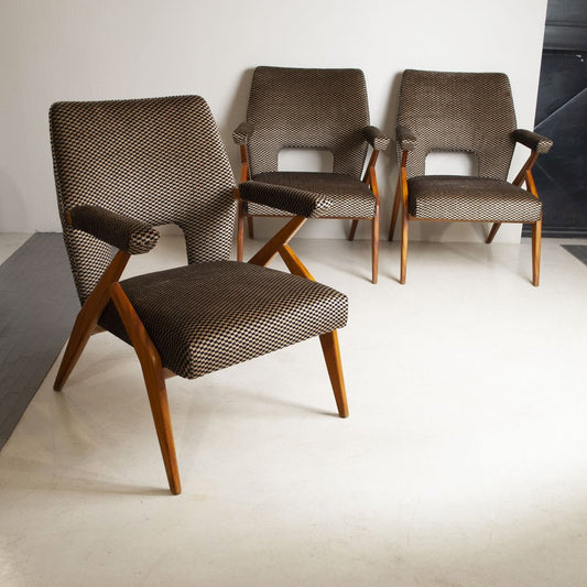 Armchairs with Wooden Structure & Velvet Upholstery by Antonio Gorgone, 1950s, Set of 3