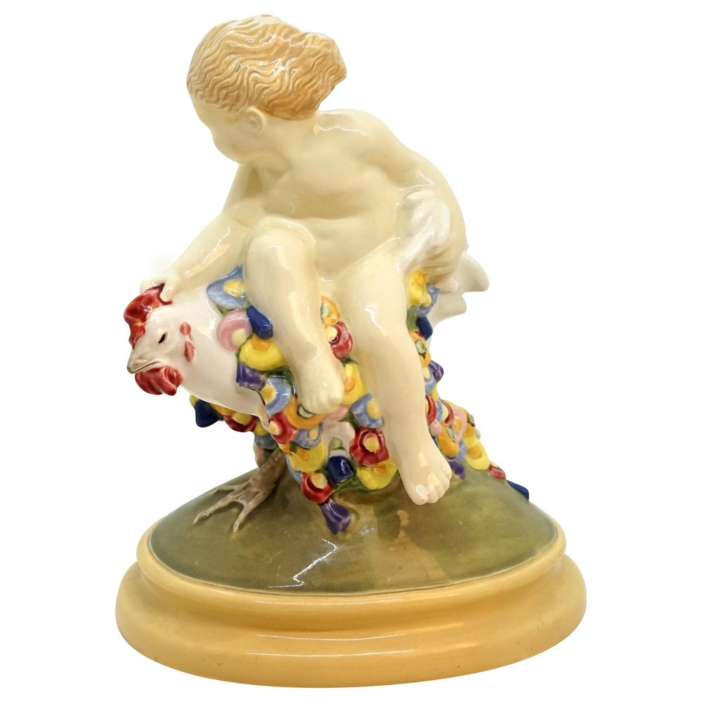 Art Ceramics Art Nouveau Vienna Figure Putto Riding on Cock by Doblinger, 1910s