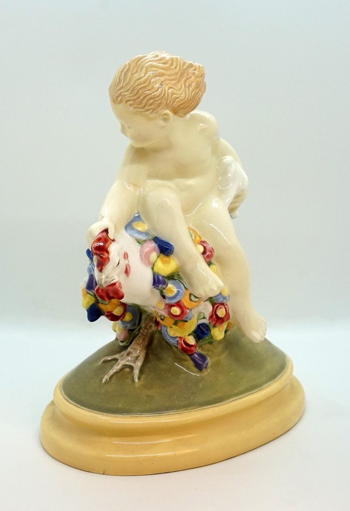 Art Ceramics Art Nouveau Vienna Figure Putto Riding on Cock by Doblinger, 1910s