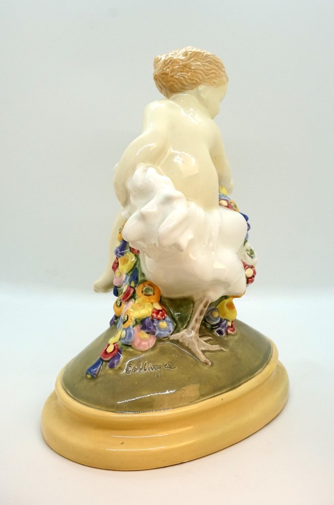 Art Ceramics Art Nouveau Vienna Figure Putto Riding on Cock by Doblinger, 1910s