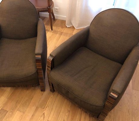 Art Dcco French Macassar Veneered Armchairs in Beige Colored Velvet, 1930s, Set of 2-SER-2026454