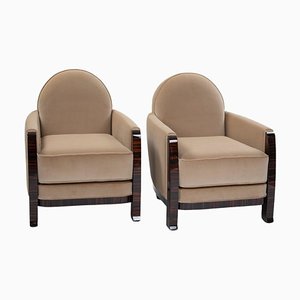 Art Dcco French Macassar Veneered Armchairs in Beige Colored Velvet, 1930s, Set of 2-SER-2026454