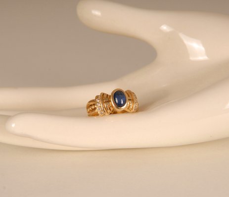 Art Deco 14K Yellow Gold Ring with Cabochon Cut Sapphire Style Stone and Brilliant Cut Crystals-GOE-960974