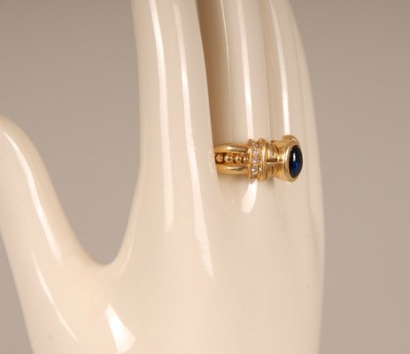 Art Deco 14K Yellow Gold Ring with Cabochon Cut Sapphire Style Stone and Brilliant Cut Crystals-GOE-960974