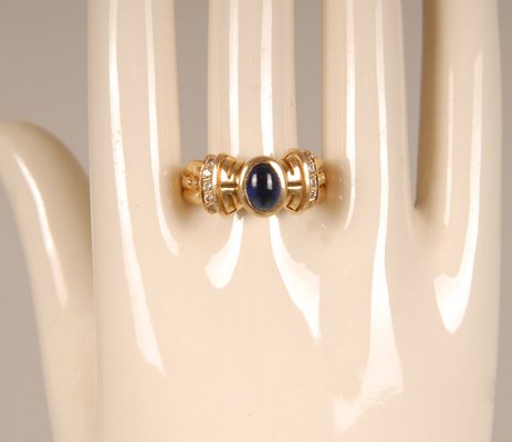 Art Deco 14K Yellow Gold Ring with Cabochon Cut Sapphire Style Stone and Brilliant Cut Crystals-GOE-960974