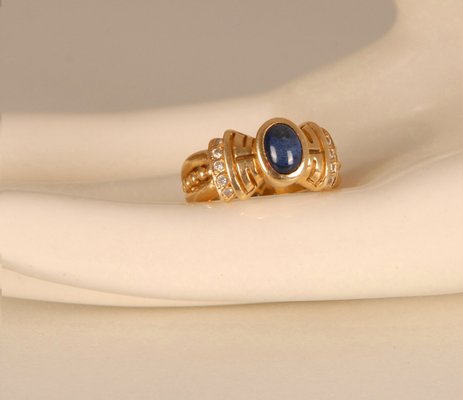 Art Deco 14K Yellow Gold Ring with Cabochon Cut Sapphire Style Stone and Brilliant Cut Crystals-GOE-960974