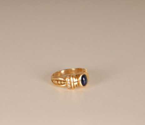 Art Deco 14K Yellow Gold Ring with Cabochon Cut Sapphire Style Stone and Brilliant Cut Crystals-GOE-960974