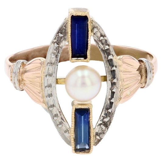 Art Deco 18 Karat Rose White Gold and Pearl Sapphire Ring, 1925