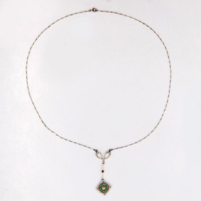 Art Deco 18 Karat Yellow and White Gold Pendant Necklace with Emerald, Diamonds and Fine Pearl, 1920s-OLU-1757419