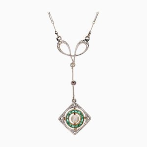 Art Deco 18 Karat Yellow and White Gold Pendant Necklace with Emerald, Diamonds and Fine Pearl, 1920s-OLU-1757419