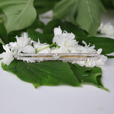 Art Deco 18 Karat Yellow Gold Platinum Bar Brooch with Diamonds, 1930s-OLU-2019553